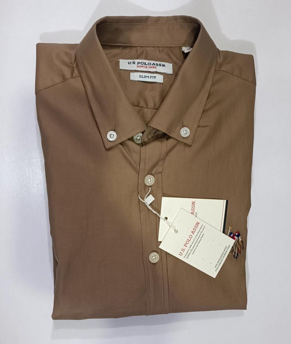 U.S POLO IMPORTED CASUAL SHIRT SELF TEXTURED SLIM FIT LIGHT BROWN